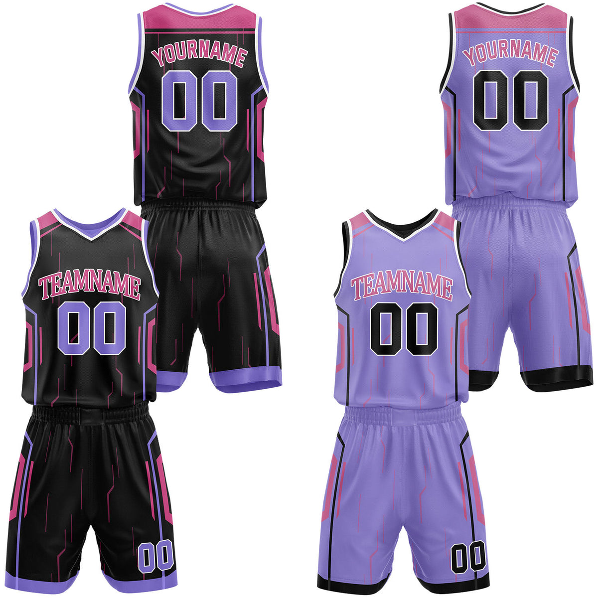 Custom black &amp; lavender reversible basketball jersey shorts set by Vosoli | Personalized block team name number tech geometric uniform sportswear