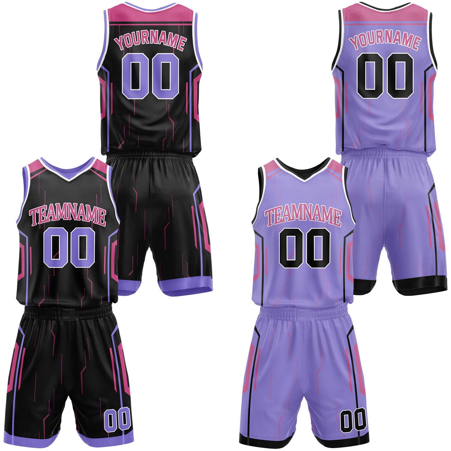 Custom black & lavender reversible basketball jersey shorts set by Vosoli | Personalized block team name number tech geometric uniform sportswear