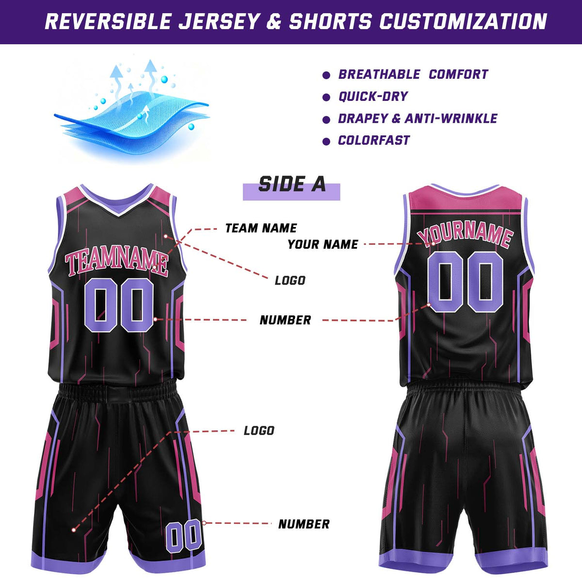 Custom Black & Lavender Reversible Geometric Basketball Jersey Shorts Set | Personalized Team Uniform