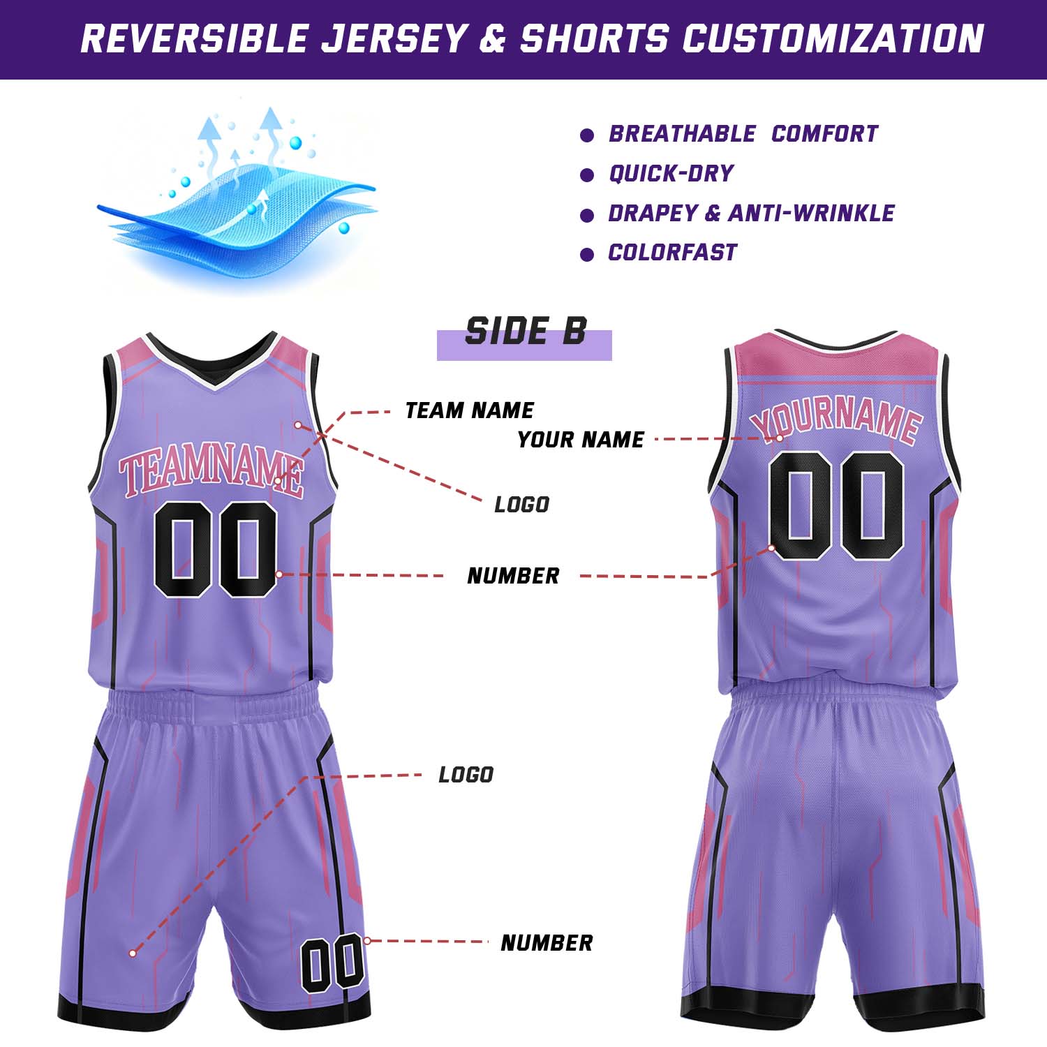 Custom Black & Lavender Reversible Geometric Basketball Jersey Shorts Set | Personalized Team Uniform