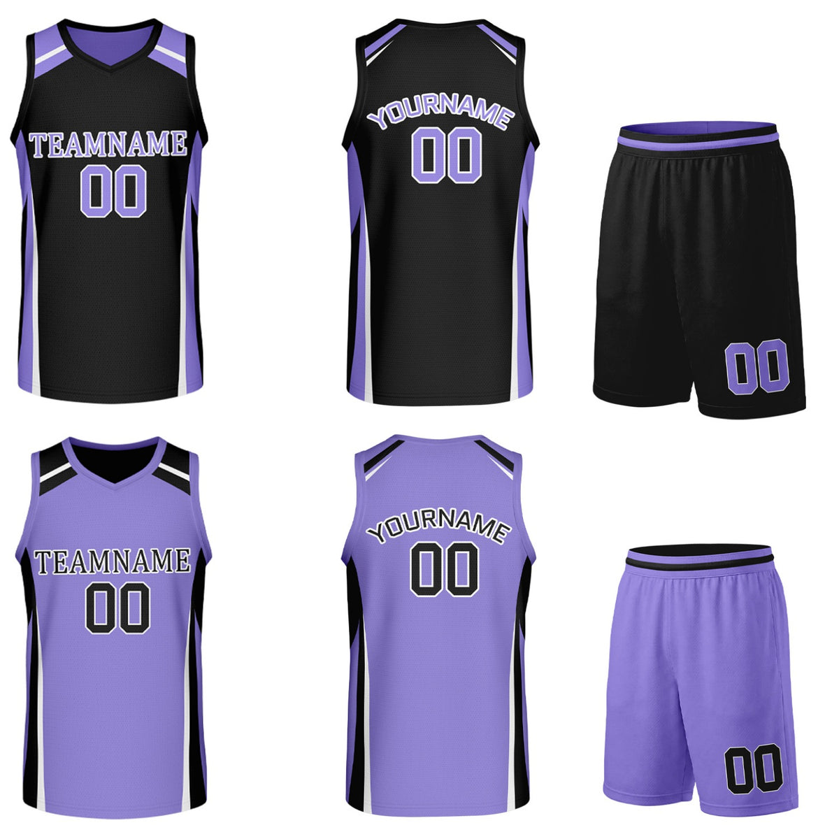 Custom black and lavender reversible basketball uniform by Vosoli. Personalized with team name, number, and logo. Breathable mesh jersey and shorts for high school, college, and AAU teams.