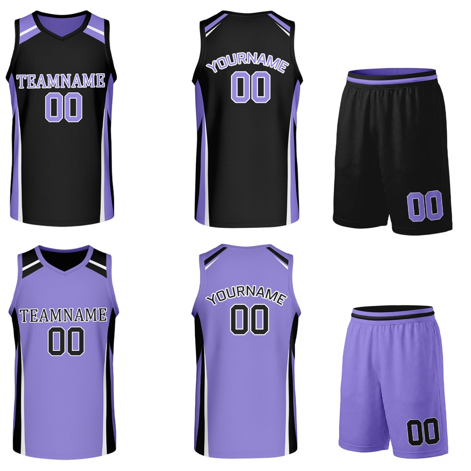 Custom black and lavender reversible basketball uniform by Vosoli. Personalized with team name, number, and logo. Breathable mesh jersey and shorts for high school, college, and AAU teams.