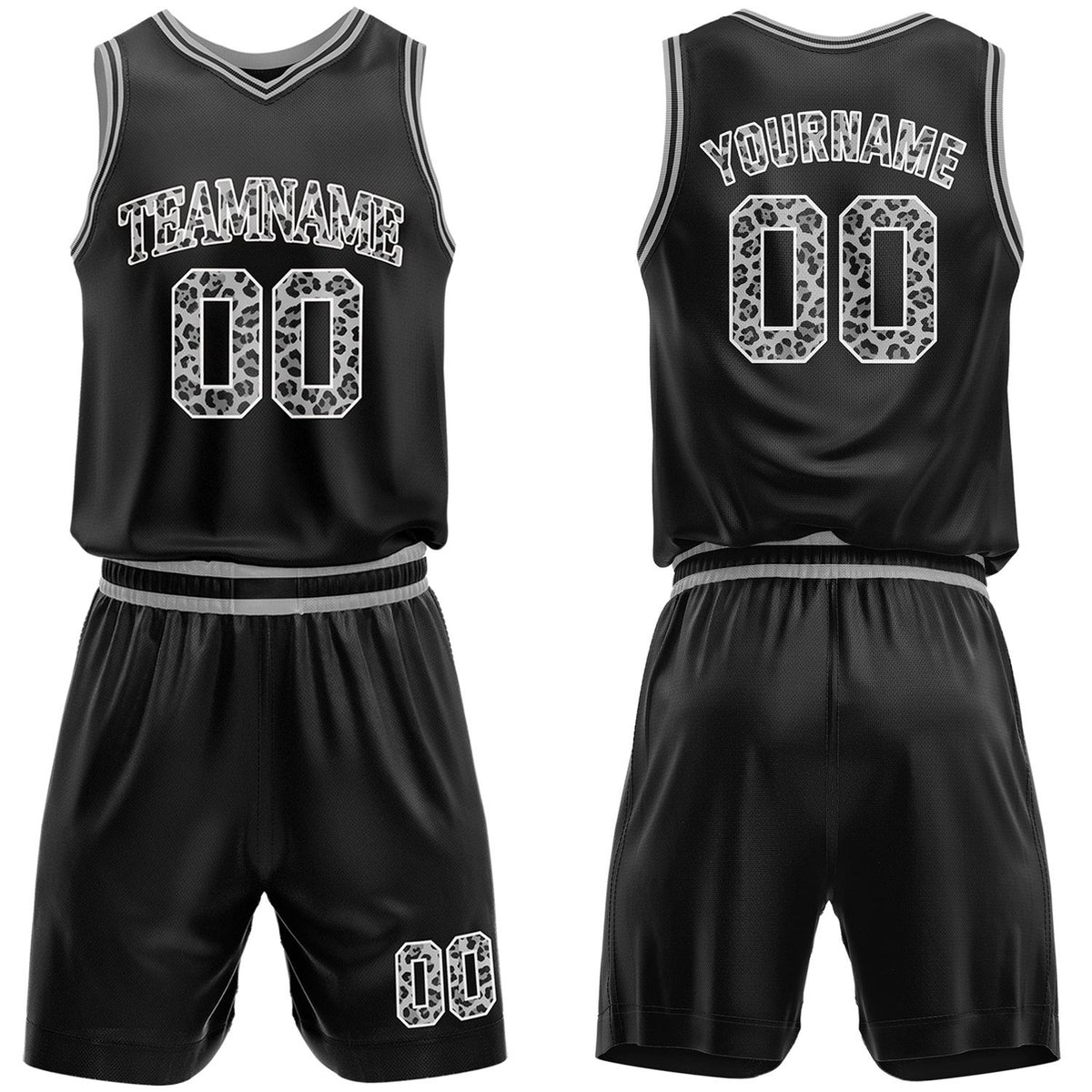 Custom black leopard accent basketball jersey &amp; shorts set by Vosoli | Personalized team name &amp; number sportswear