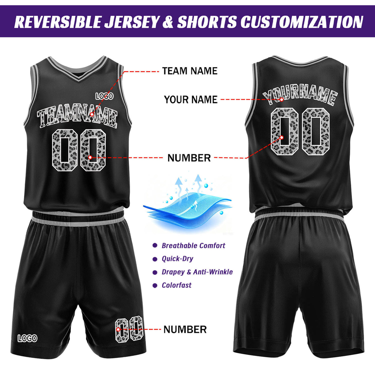 Custom Black Leopard Accent Basketball Jersey & Shorts Set | Personalized Team Uniform