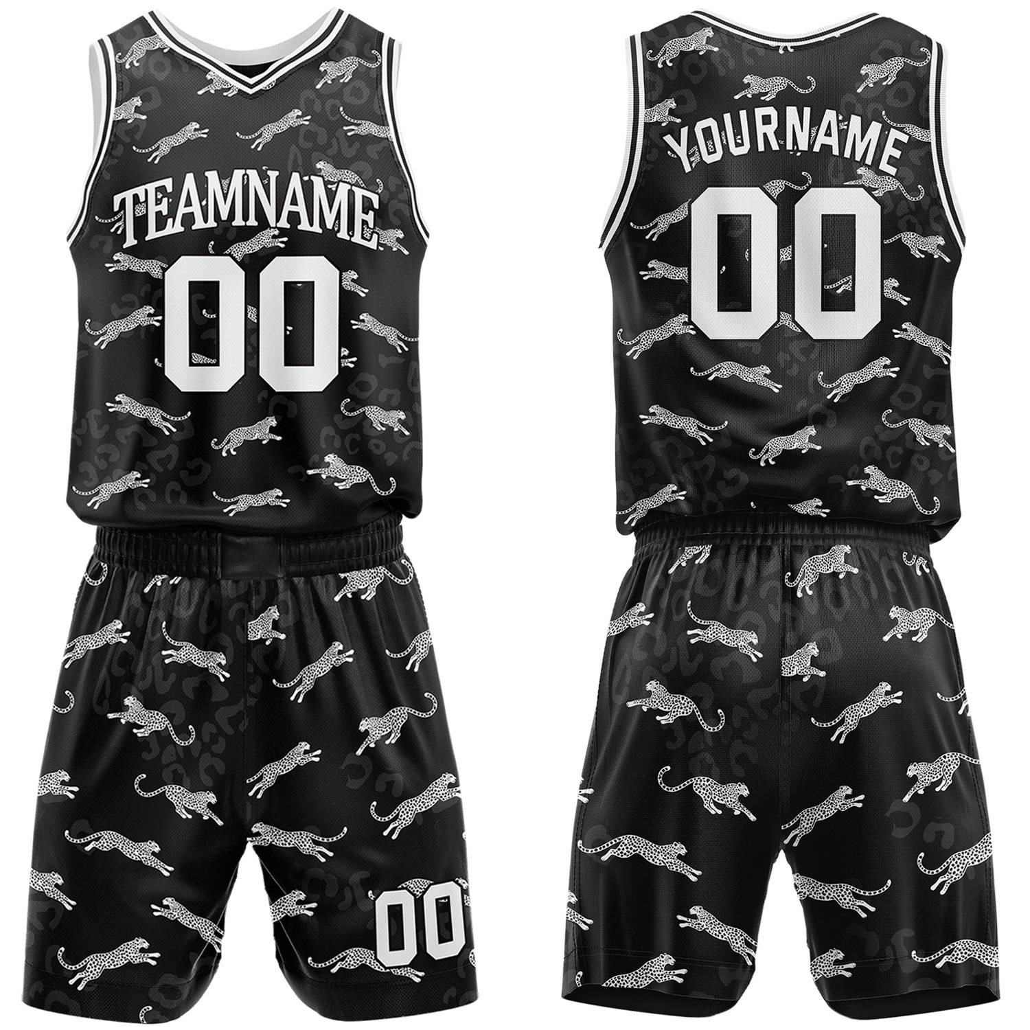 Custom black leopard pattern basketball jersey & shorts set by Vosoli | Personalized team name & number sportswear
