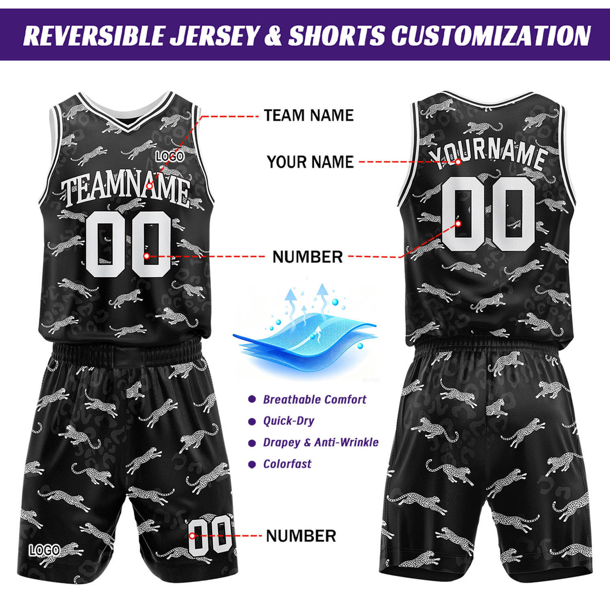 Custom Black Leopard Pattern Basketball Jersey & Shorts Set | Personalized Team Uniform