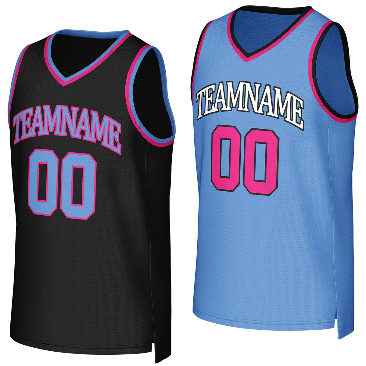 Custom black &amp; light blue (pink accents) reversible basketball jersey by Vosoli | Personalized team name &amp; number sportswear
