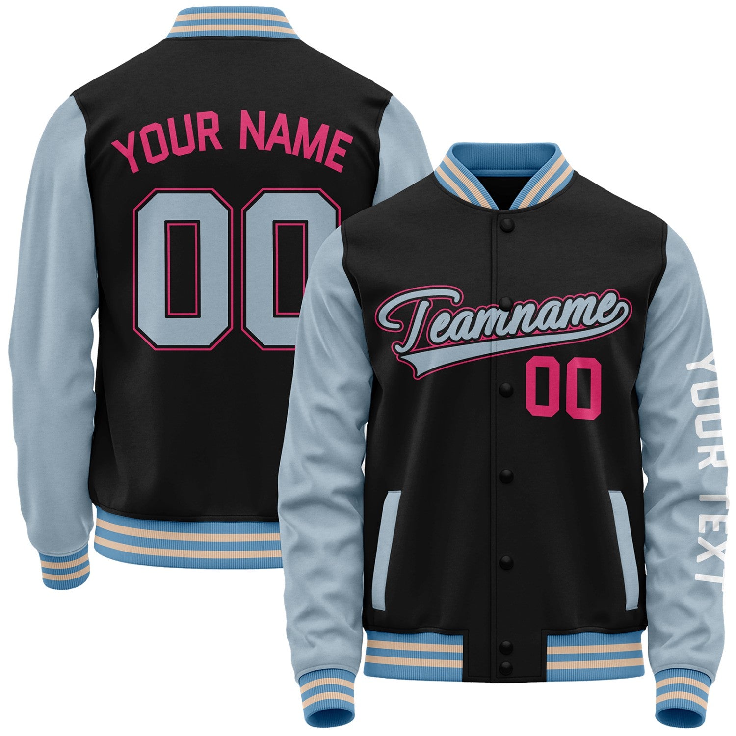 Custom baseball jackets for teams from Vosoli. Personalized black and light blue varsity letterman jacket with stitched name, number & logo. Fast US shipping.