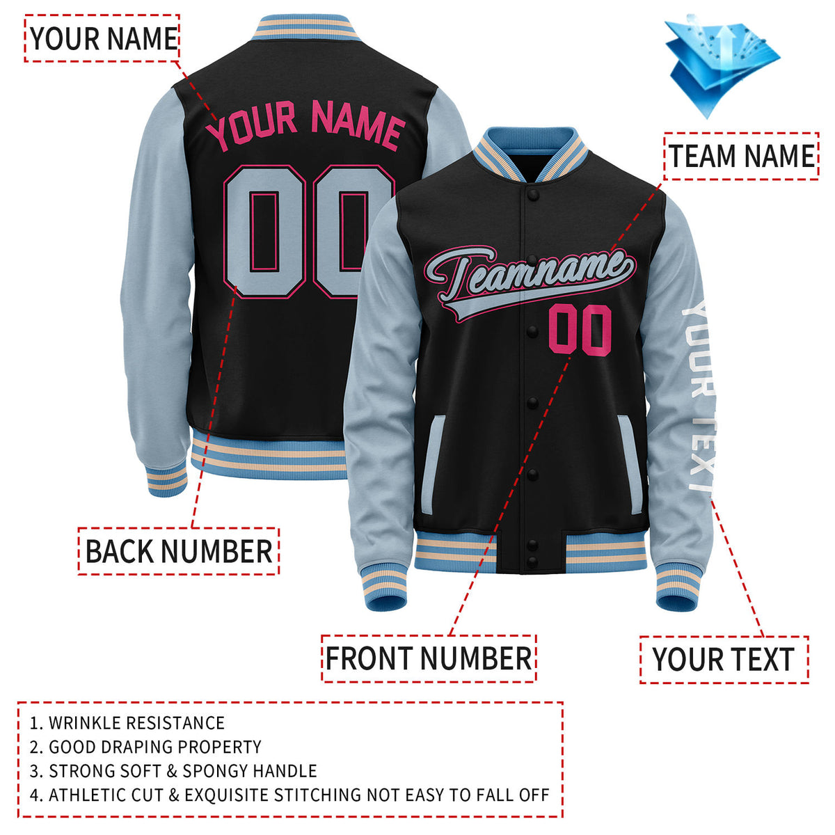 Custom Black Light Blue Jacket Personalized Team Name Number Letterman Bomber for Adult & Youth