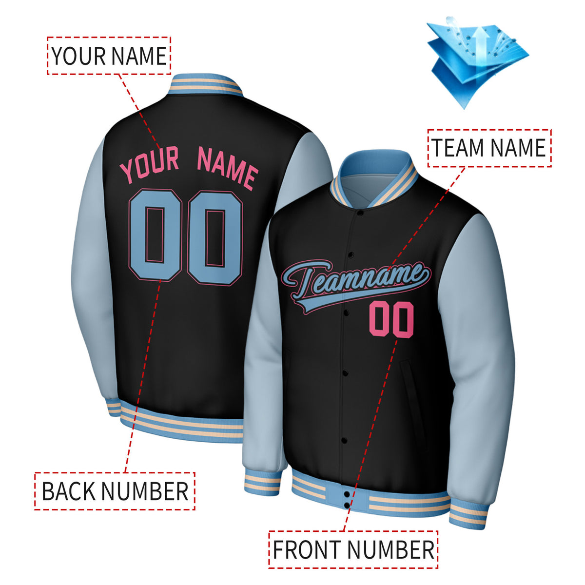 Custom Black & Light Blue Varsity Baseball Jacket | Personalized Jacket with Stitched Name & Number for Adult & Youth