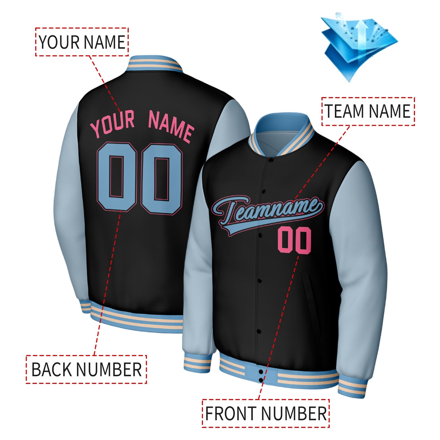 Custom Black & Light Blue Varsity Baseball Jacket | Personalized Jacket with Stitched Name & Number for Adult & Youth