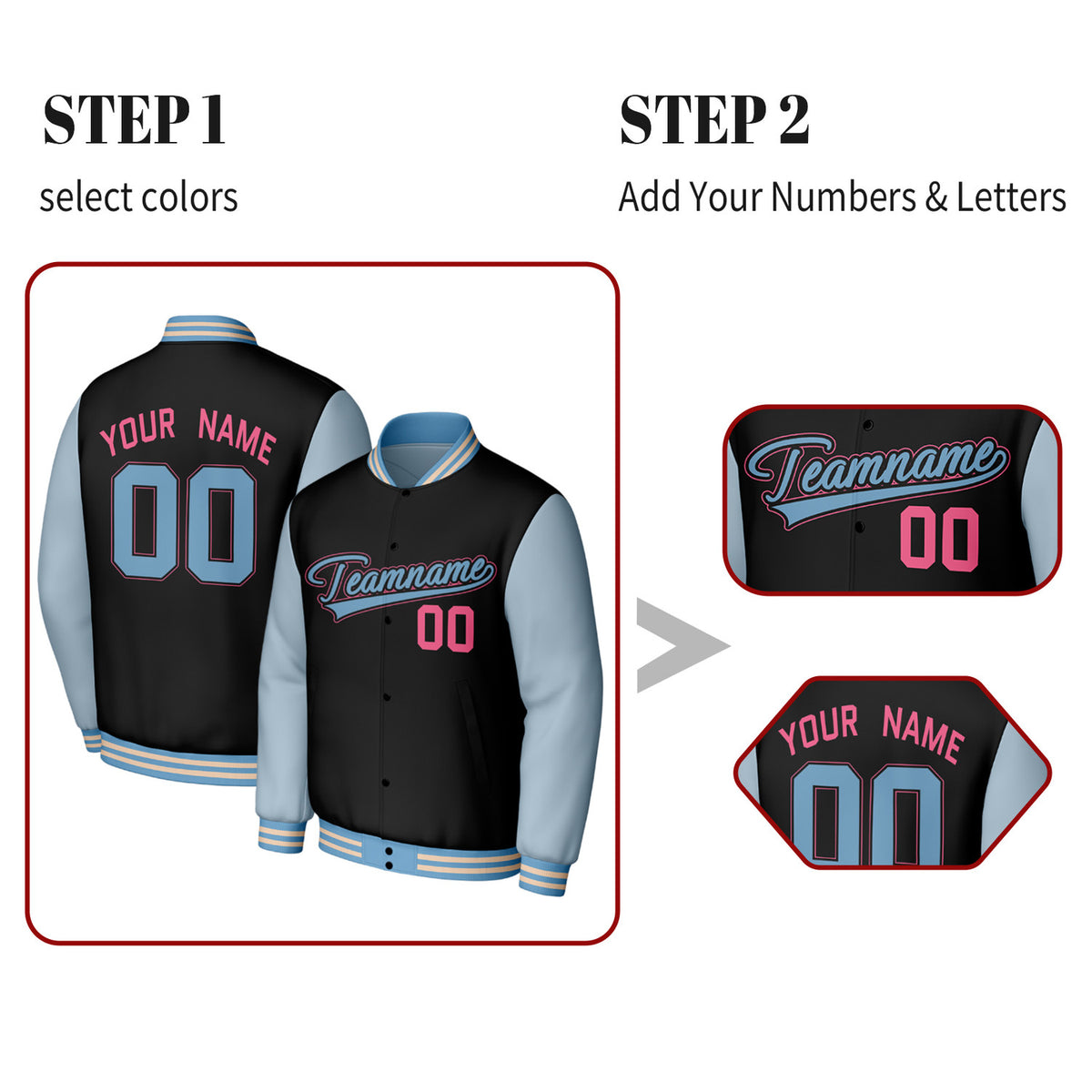 Custom Black & Light Blue Varsity Baseball Jacket | Personalized Jacket with Stitched Name & Number for Adult & Youth