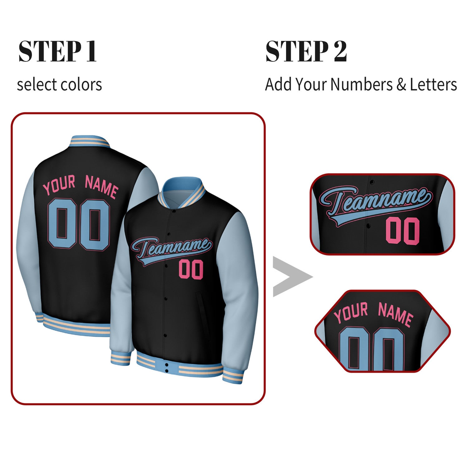 Custom Black & Light Blue Varsity Baseball Jacket | Personalized Jacket with Stitched Name & Number for Adult & Youth