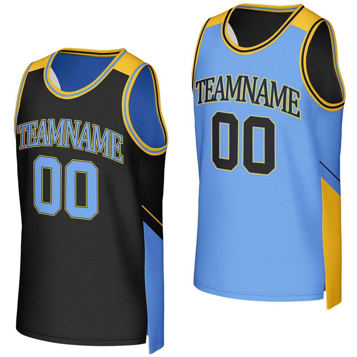 Custom black & light blue reversible basketball jersey by Vosoli. Personalized with team name, player name, number, and logo on both sides. Breathable mesh 2‑in‑1 jersey for high school, college, AAU teams.