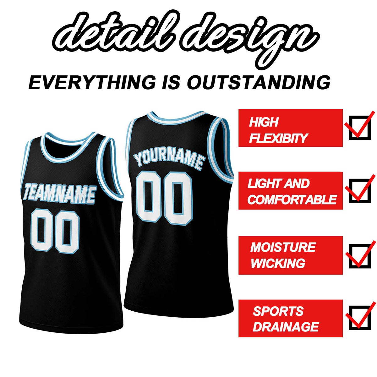 Custom Black & Light Blue Mesh Basketball Jersey | Personalized Team Uniform