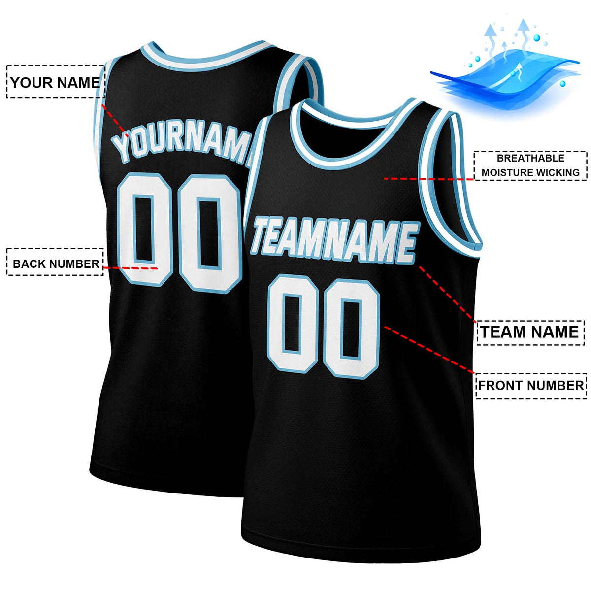 Custom Black & Light Blue Mesh Basketball Jersey | Personalized Team Uniform