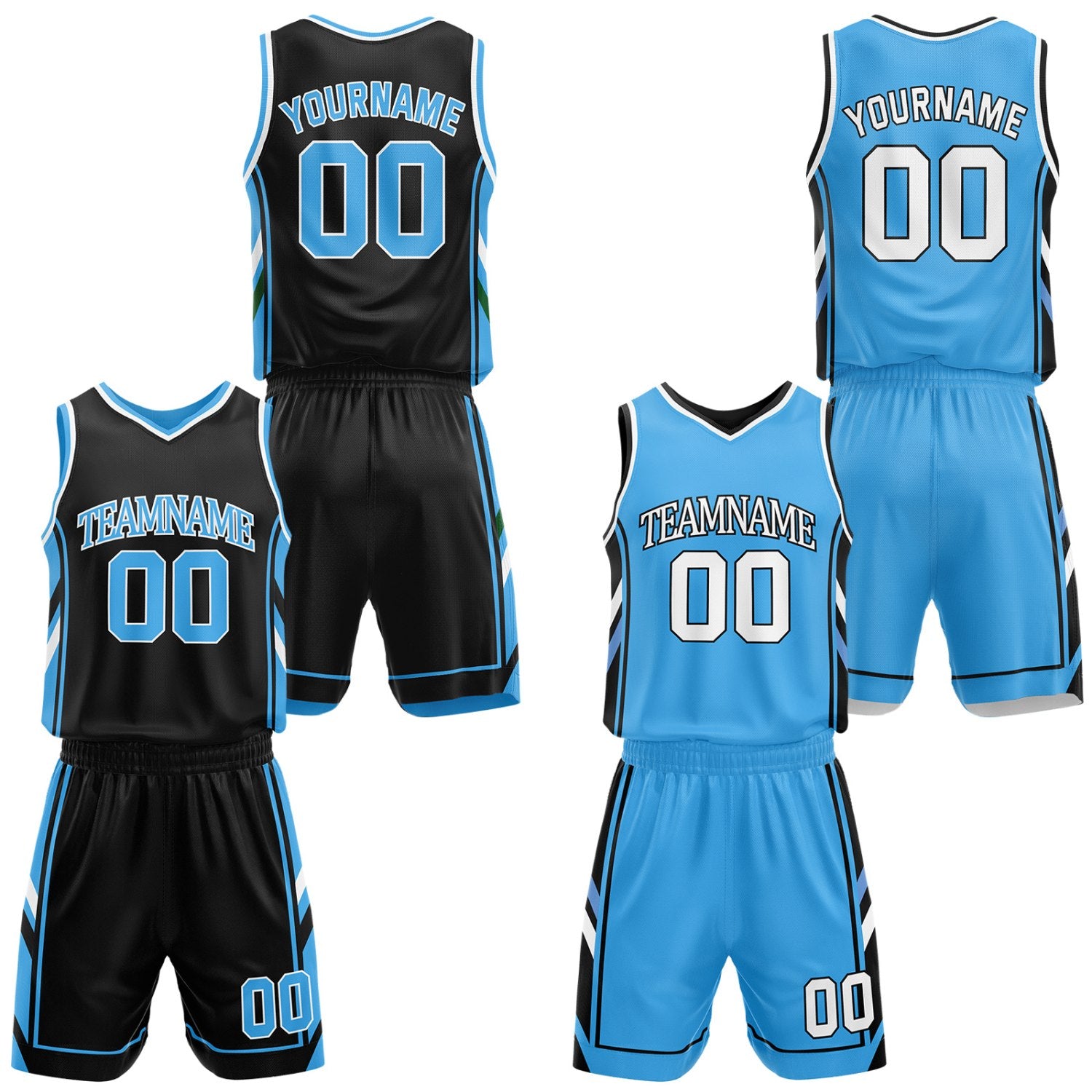 Custom black & light blue reversible basketball uniform set by Vosoli | Personalized team name, number & logo | Breathable mesh jersey and shorts sport set