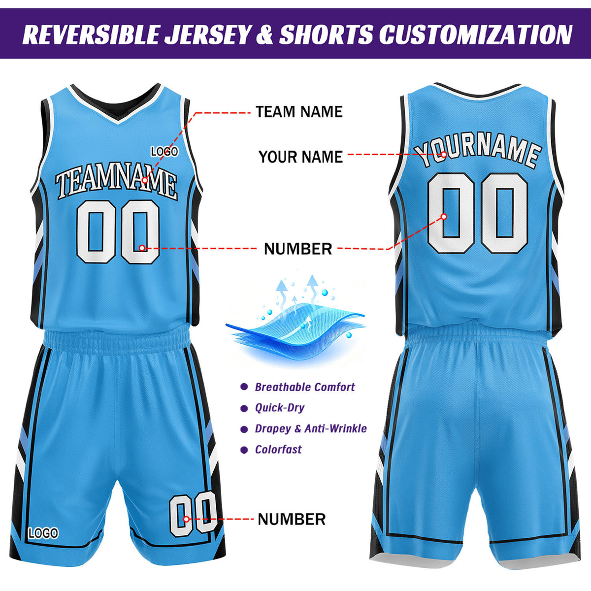 Custom Black & Light Blue Reversible Basketball Uniform Set | Personalized Name Number Sports Jersey Shorts Kit