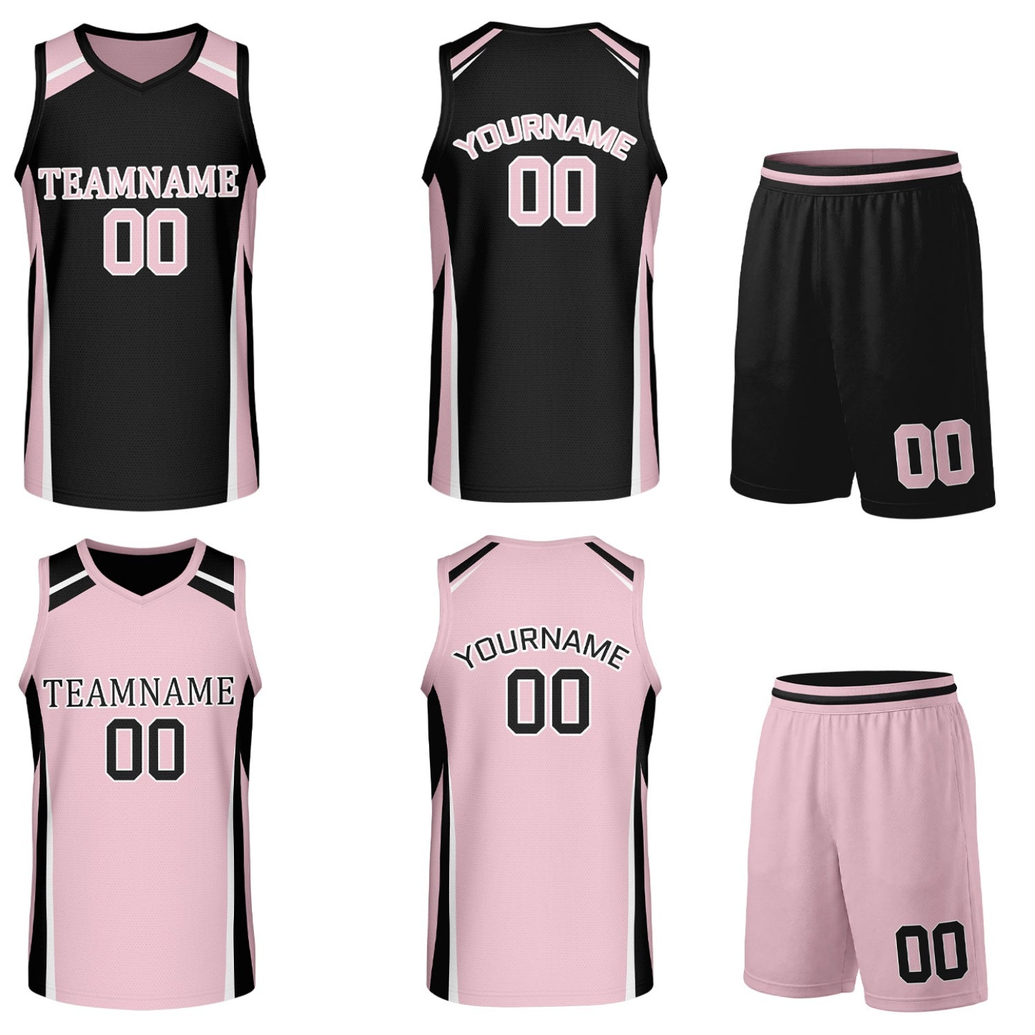 Custom black and light pink reversible basketball uniform by Vosoli. Personalized with team name, number, and logo. Breathable mesh jersey and shorts for high school, college, and AAU teams.