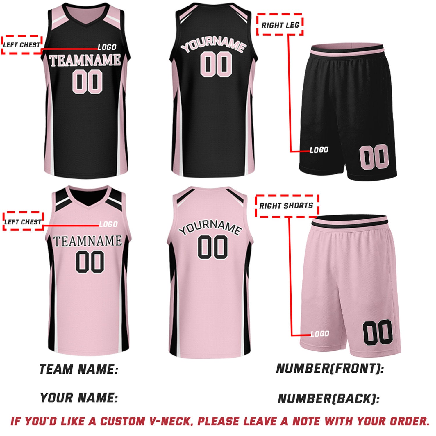 Custom Black & Light Pink Reversible Basketball Jerseys | Personalized Team Uniforms Set for Men Women