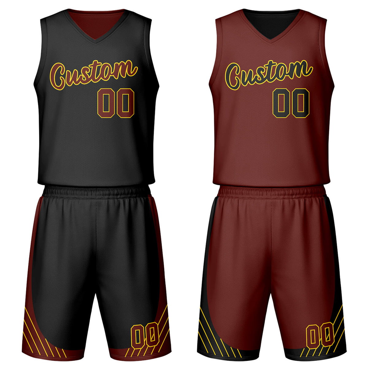 Custom black &amp; maroon reversible basketball jersey set with shorts by Vosoli | Personalized team name, number &amp; logo | Breathable mesh sport jersey uniform
