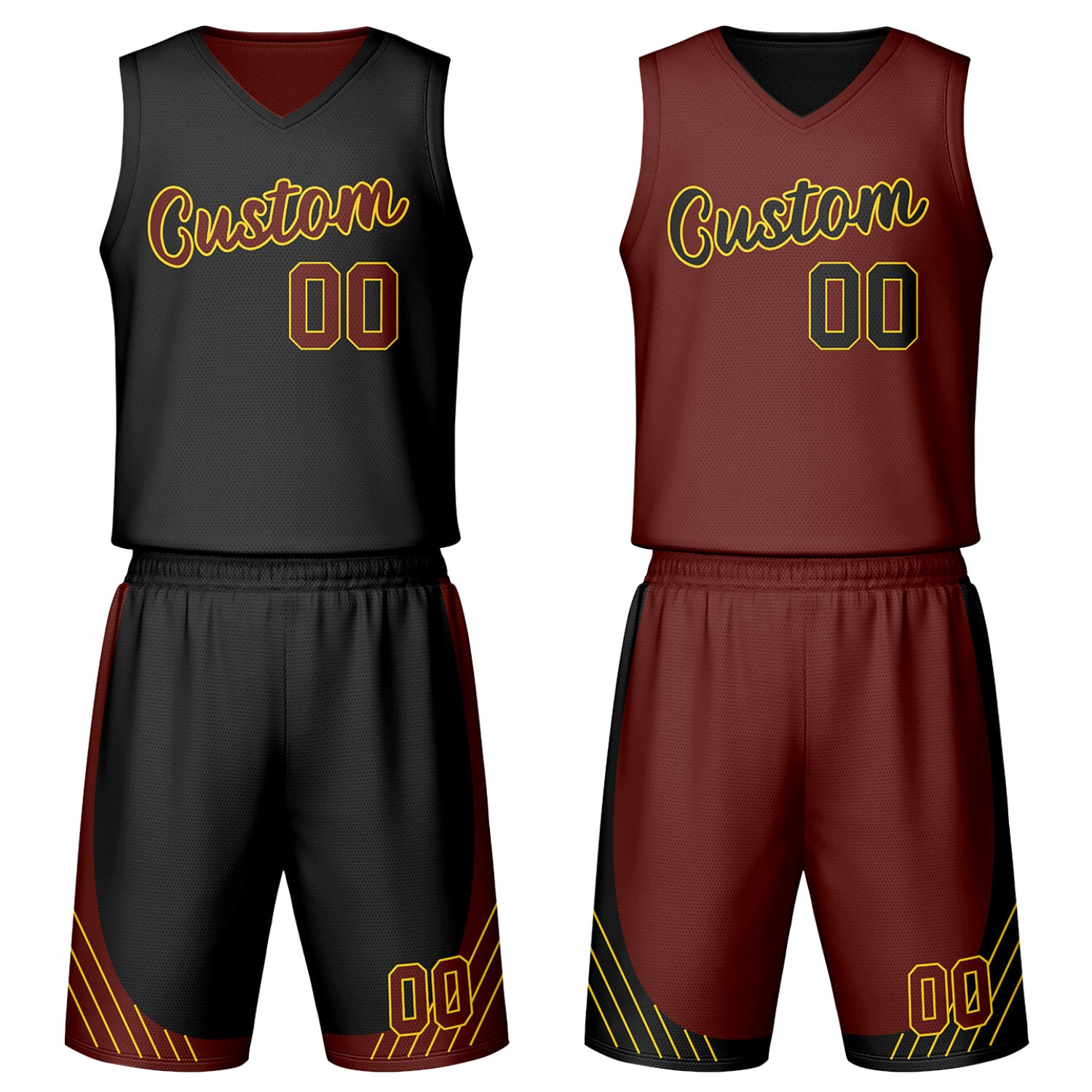 Custom black & maroon reversible basketball jersey set with shorts by Vosoli | Personalized team name, number & logo | Breathable mesh sport jersey uniform