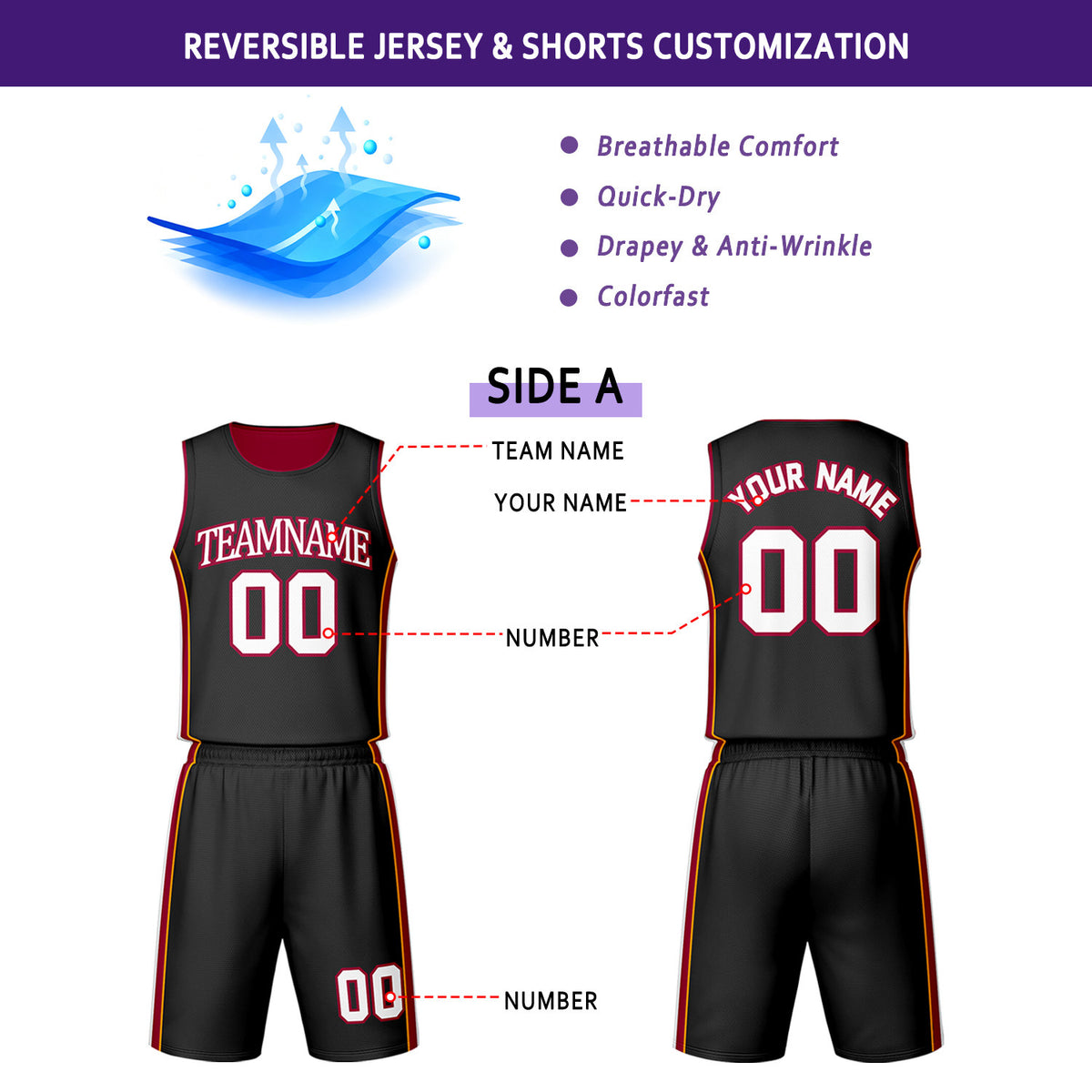 Custom Black & Maroon Reversible Basketball Jersey Shorts Set | Personalized Team Uniform