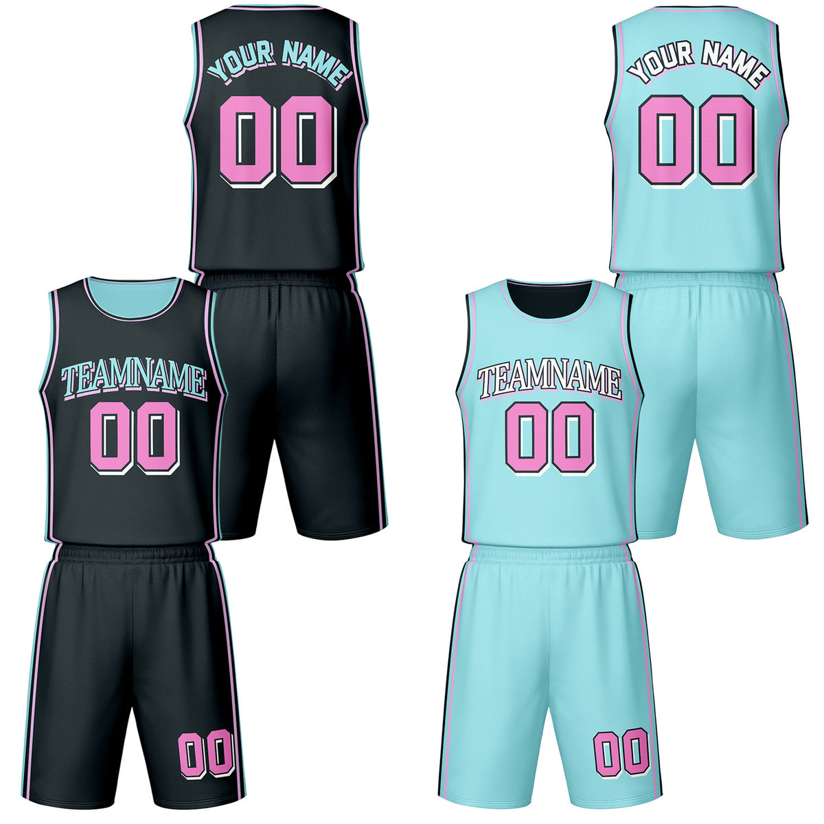 Custom black &amp; mint reversible basketball jersey shorts set by Vosoli | Personalized team name number vintage uniform sportswear