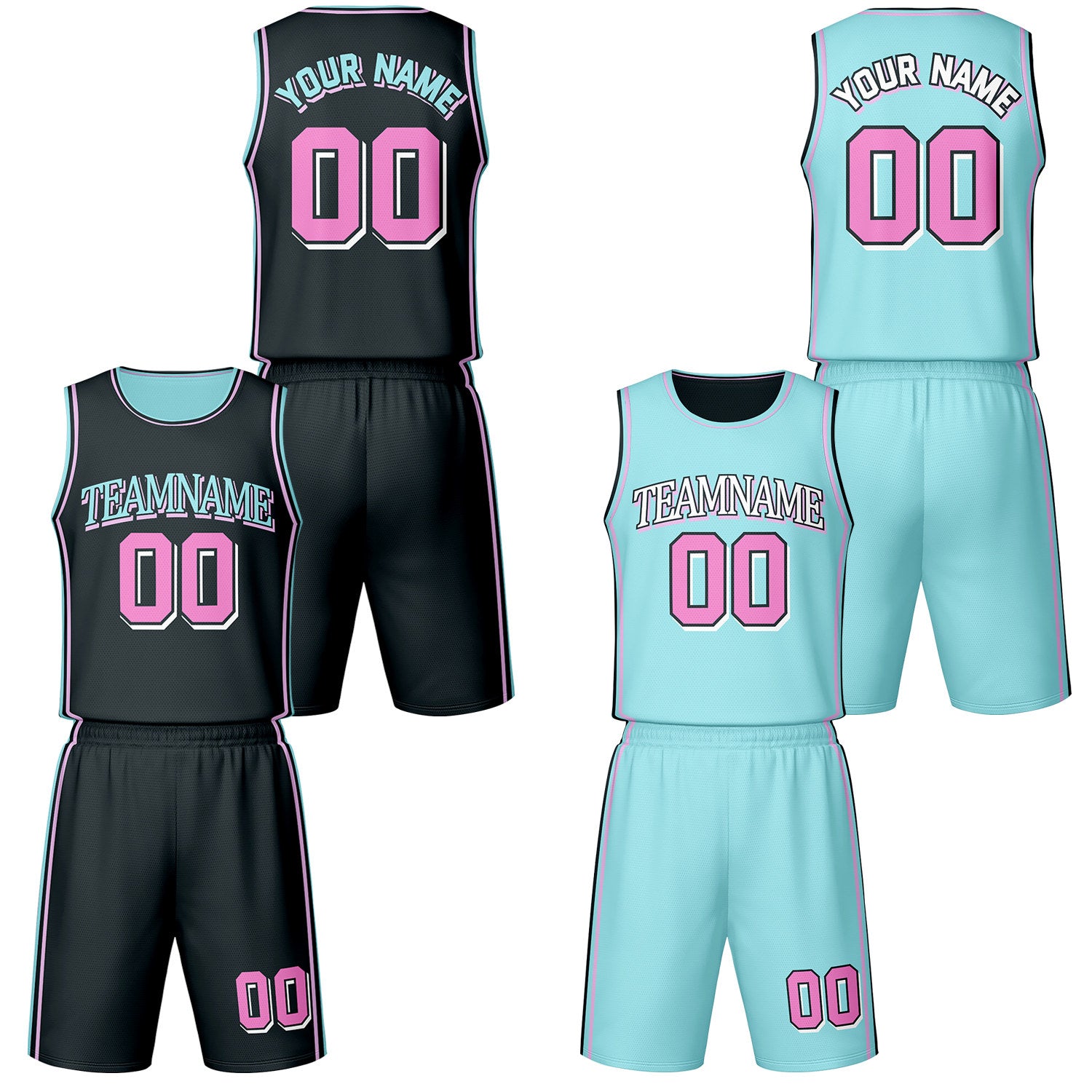 Custom black & mint reversible basketball jersey shorts set by Vosoli | Personalized team name number vintage uniform sportswear
