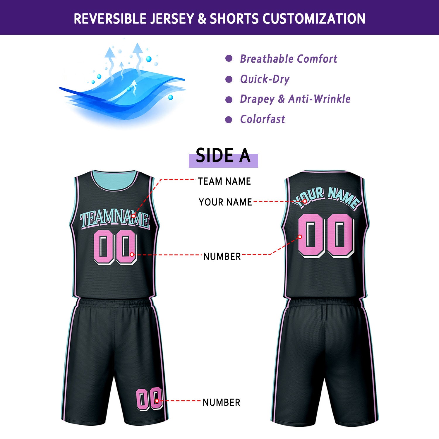 Custom Black & Mint Reversible Basketball Jersey Shorts Set | Personalized Team Uniform