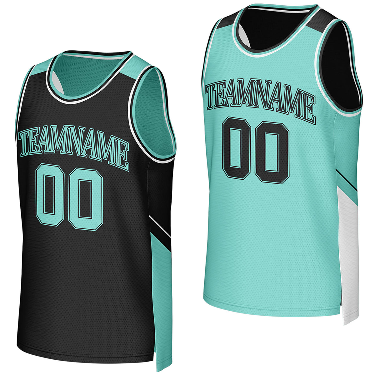 Custom black & mint teal reversible basketball jersey by Vosoli. Personalized with team name, player name, number, and logo on both sides. Breathable mesh 2-in-1 jersey for high school, college, AAU teams.