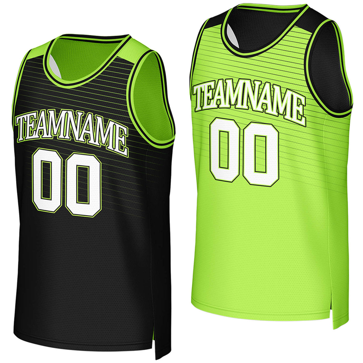 Custom black & neon green reversible basketball jersey by Vosoli. Personalized with team name, player name, number, and logo on both sides. Breathable mesh 2-in-1 jersey for high school, college, AAU teams.