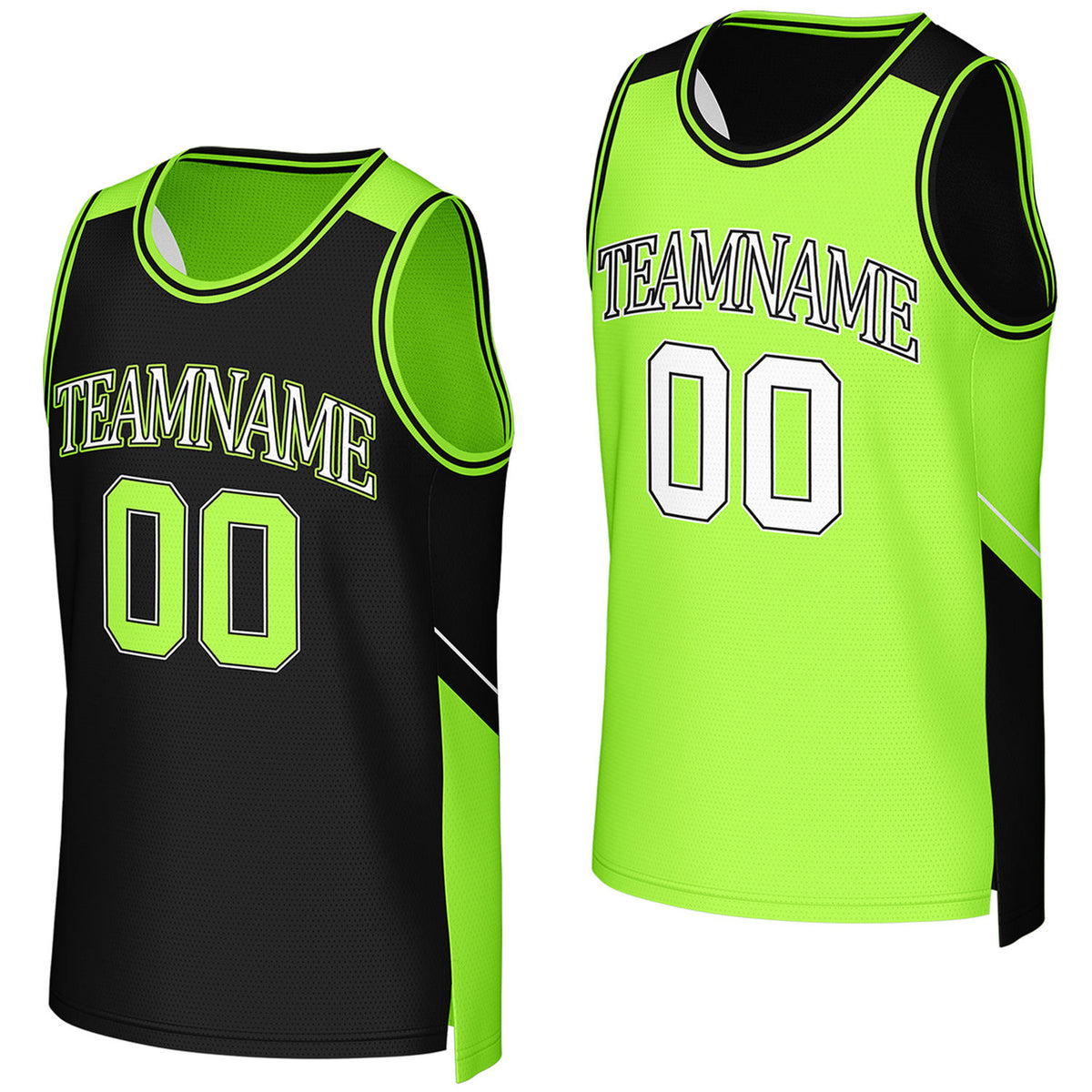 Custom black & neon green reversible basketball jersey by Vosoli. Personalized with team name, player name, number, and logo on both sides. Breathable mesh 2-in-1 jersey for high school, college, AAU teams.