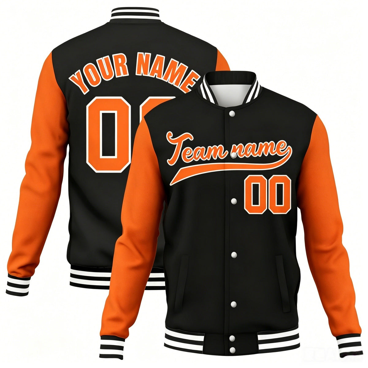 Custom black-orange contrast sleeve stitched varsity baseball jacket by Vosoli | Personalized team name &amp; number jacket for youth &amp; adults