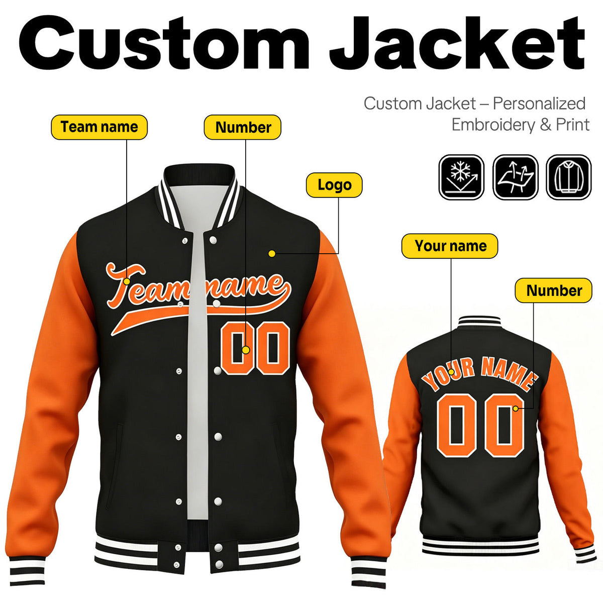 Custom Black & Orange Contrast Sleeve Varsity Baseball Jacket | Personalized Team Name & Number