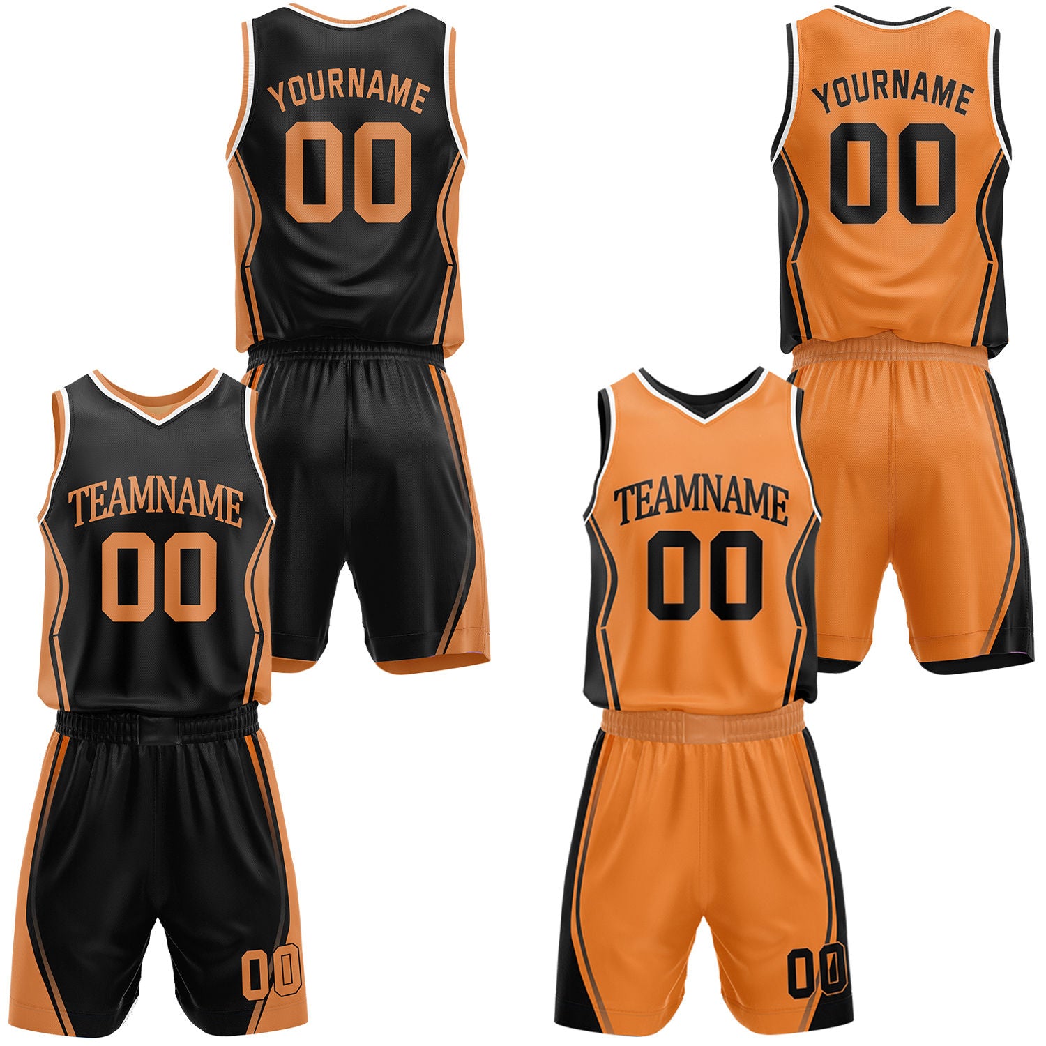 Custom black & orange reversible basketball jersey shorts set by Vosoli | Personalized block team name number geometric uniform sportswear