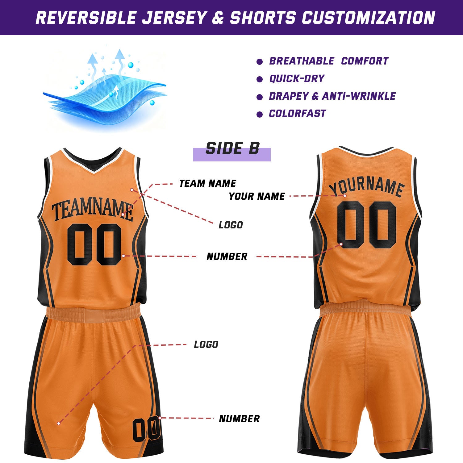 Custom Black & Orange Reversible Geometric Basketball Jersey Shorts Set | Personalized Team Uniform