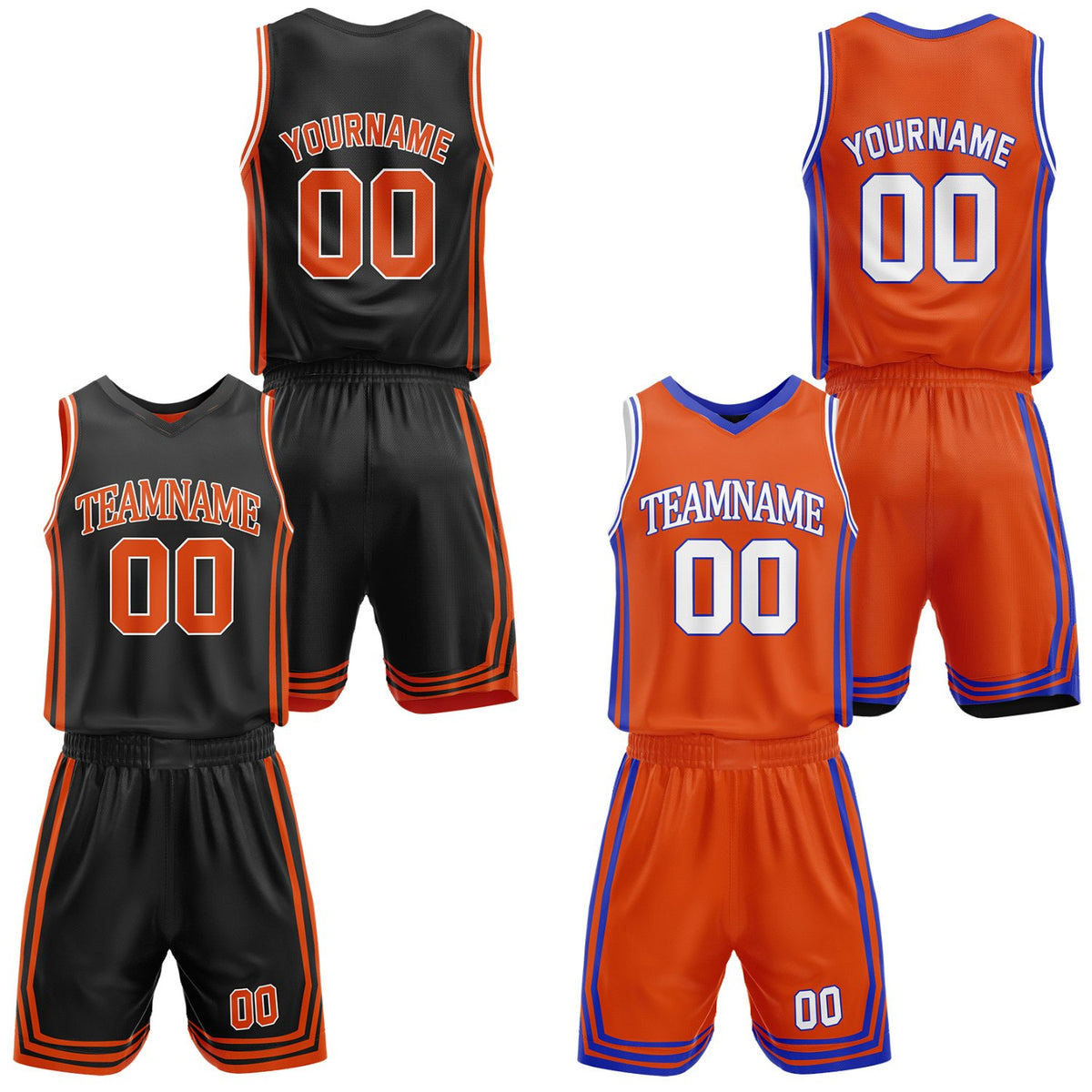 Custom black &amp; orange reversible basketball jersey shorts set by Vosoli | Personalized team name number casual vintage uniform sportswear