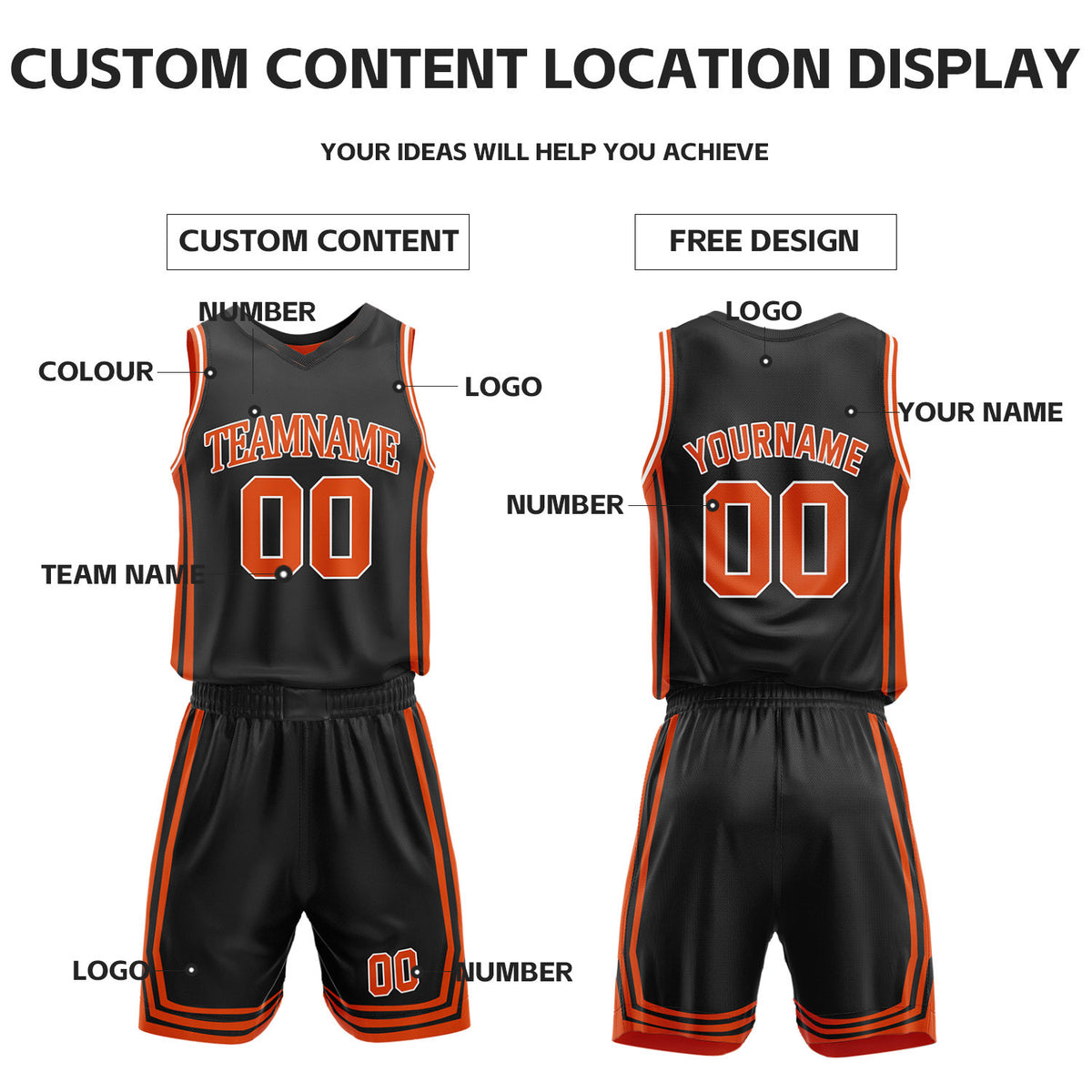 Custom Black & Orange Reversible Basketball Jersey Shorts Set | Personalized Full Vintage Team Uniform