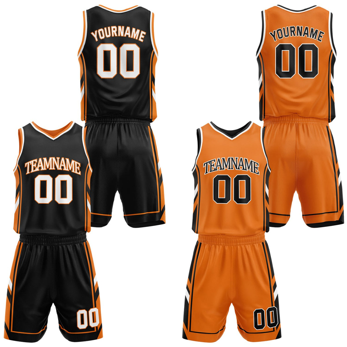 Custom black and orange reversible basketball uniform by Vosoli. Personalized with team name, number, and logo. Breathable mesh jersey and shorts for high school, college, and AAU teams.