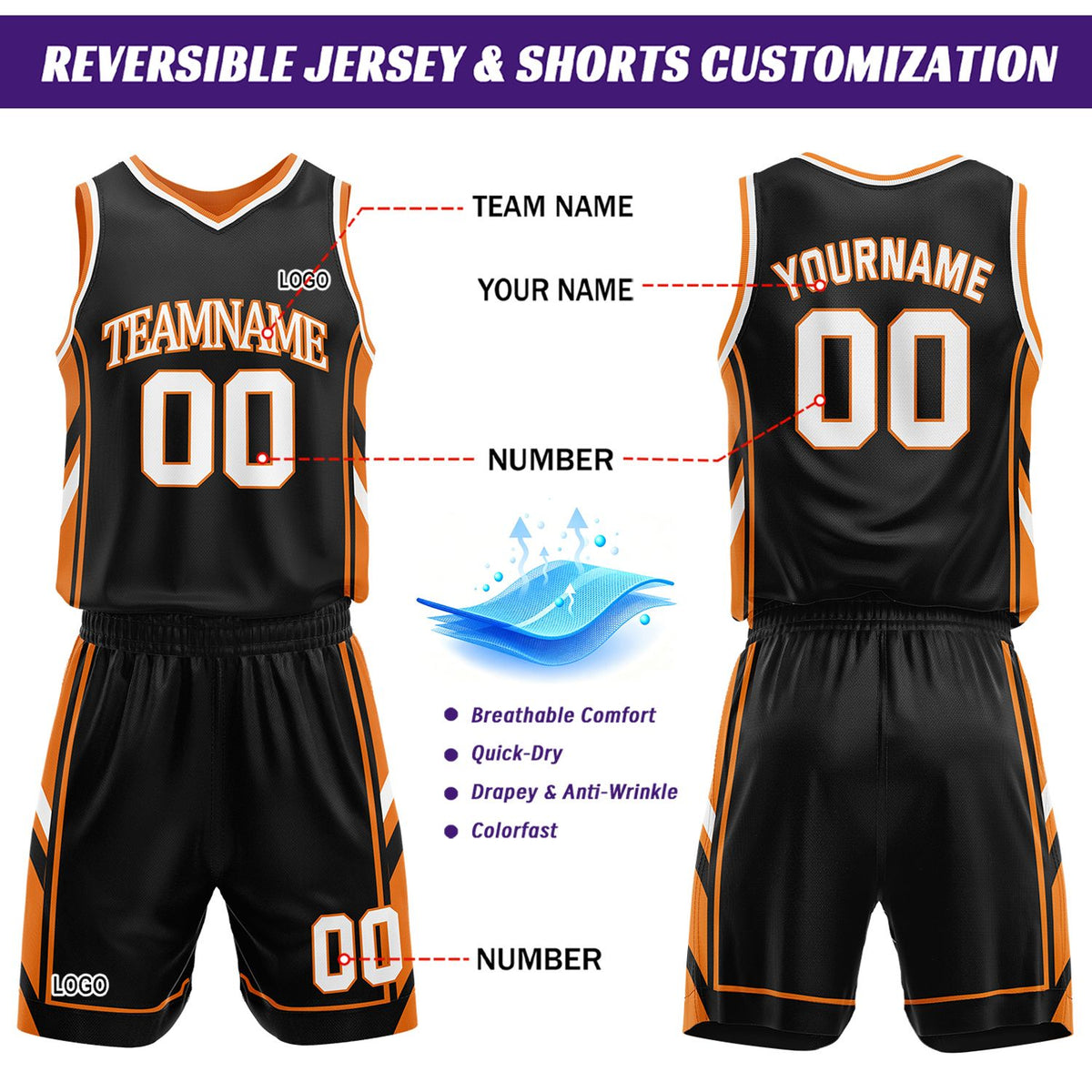 Custom Black & Orange Reversible Basketball Uniform Set | Personalized Name Number Sports Jersey Shorts Kit