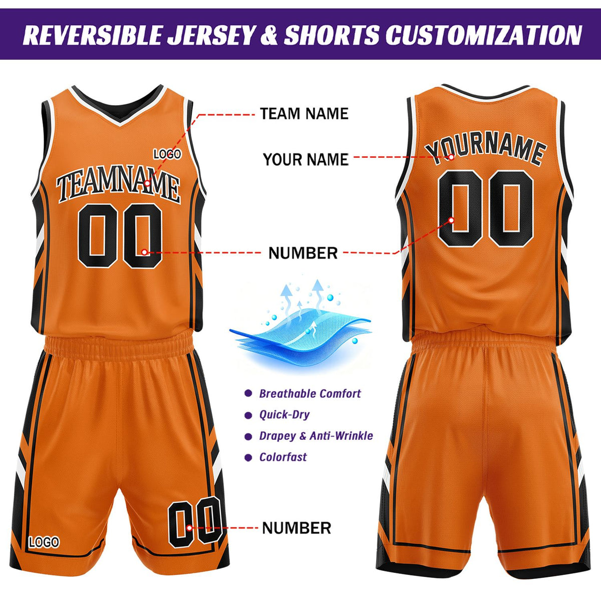 Custom Black & Orange Reversible Basketball Uniform Set | Personalized Name Number Sports Jersey Shorts Kit