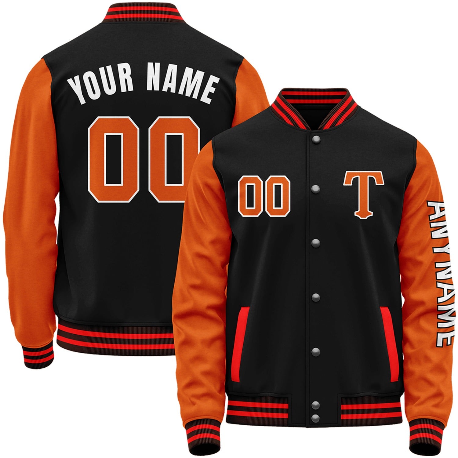 Custom black and orange varsity baseball jacket by Vosoli with stitched name, number and logo. Classic varsity jacket for baseball and casual wear.