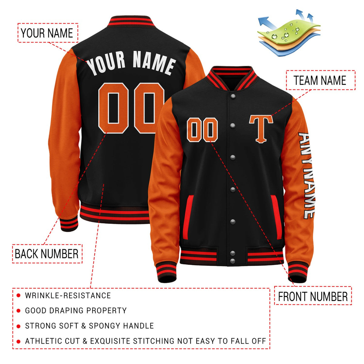 Custom Black & Orange Varsity Letterman Jacket | Personalized Baseball Bomber Coat for Adult & Youth