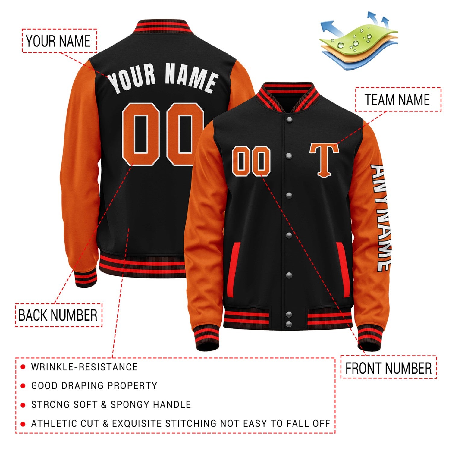 Custom Black & Orange Varsity Letterman Jacket | Personalized Baseball Bomber Coat for Adult & Youth