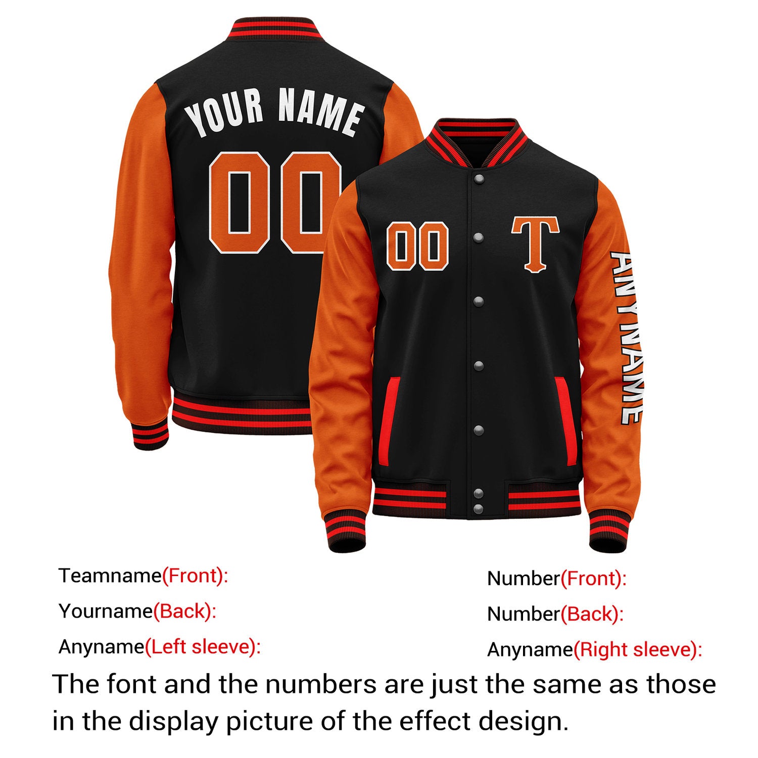 Custom Black & Orange Varsity Letterman Jacket | Personalized Baseball Bomber Coat for Adult & Youth