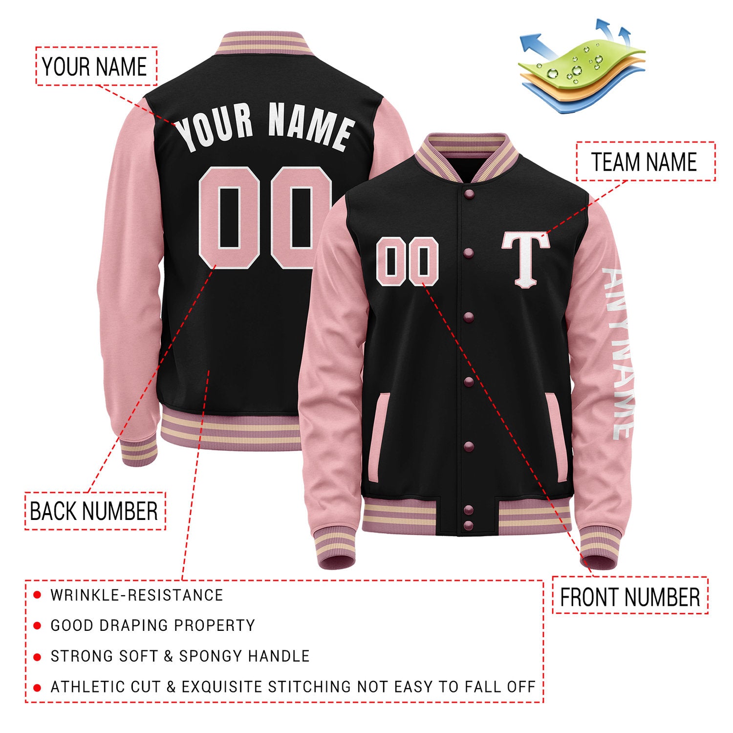 Custom Black & Pink Varsity Letterman Jacket | Personalized Baseball Bomber Coat for Adult & Youth