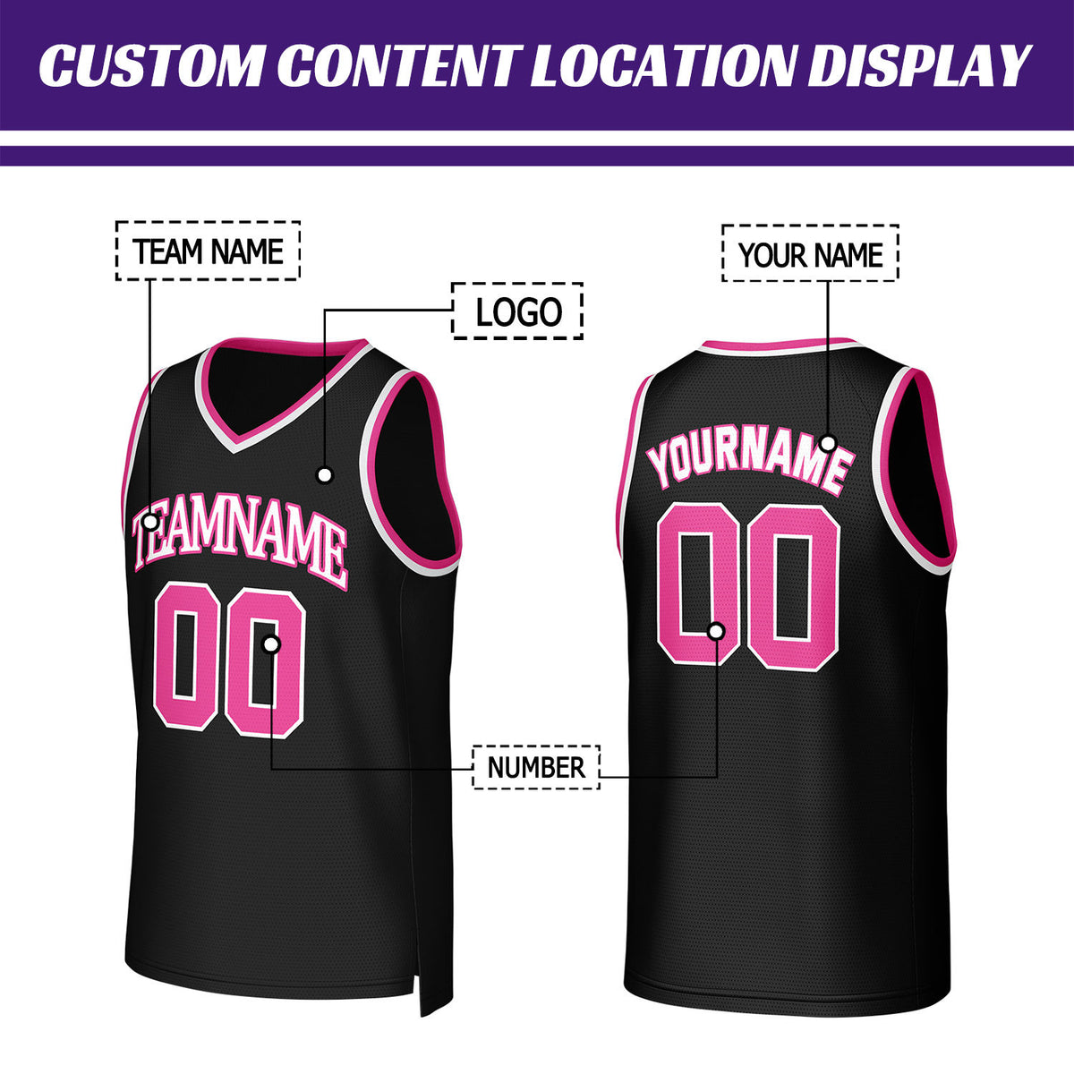 Custom Black & Pink Basketball Jersey | Personalized Name & Number Team Uniform