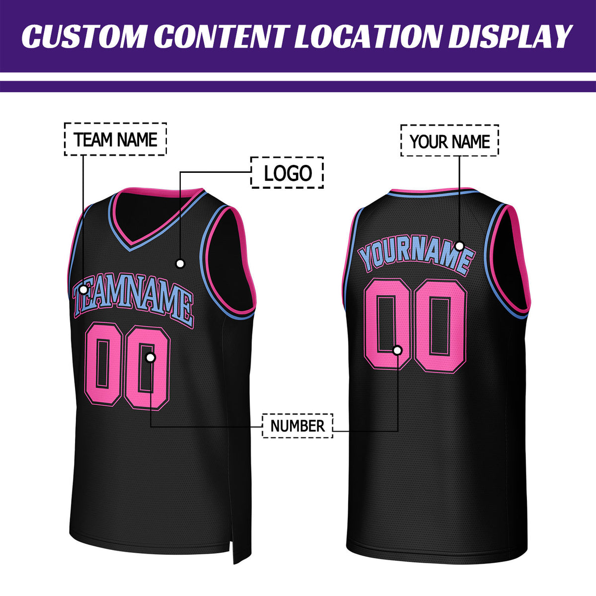 Custom Black & Pink-Blue Basketball Jersey | Personalized Name & Number Team Uniform