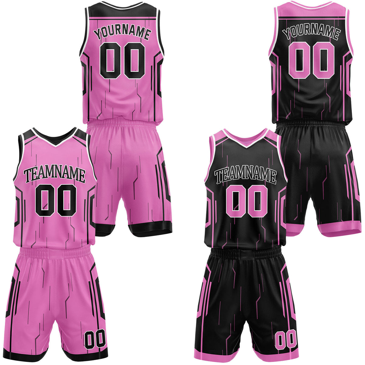 Custom black &amp; pink reversible basketball jersey shorts set by Vosoli | Personalized block team name number tech geometric uniform sportswear
